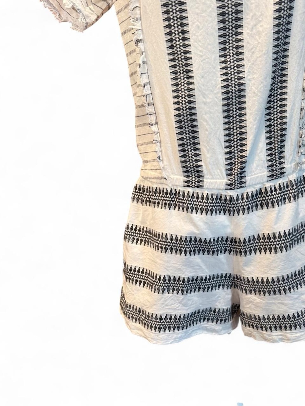Lovestitch White Cotton Romper W/Black Vertical Stripes And Geometric Pattern. - Picture 6 of 8